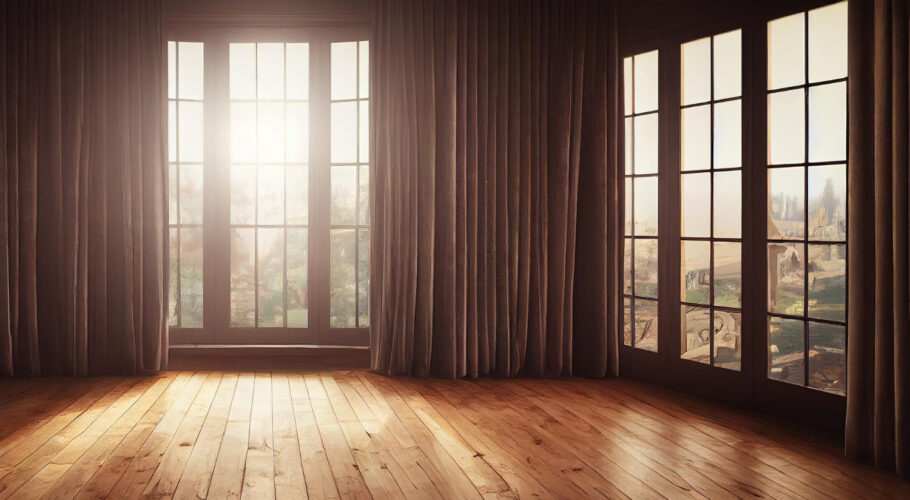illustration empty room wood laminate floor with sun light from window