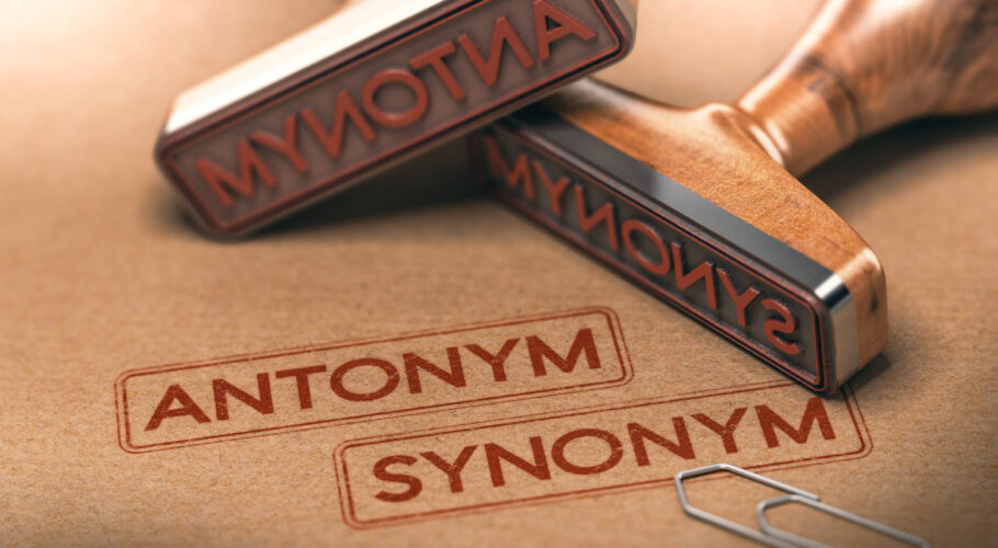 two rubber stamps with text antonym synonym linguistics semantics concept