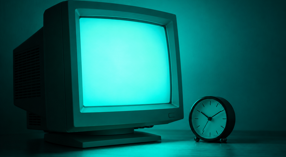 Old CRT monitor beside a desk clock with a green glow