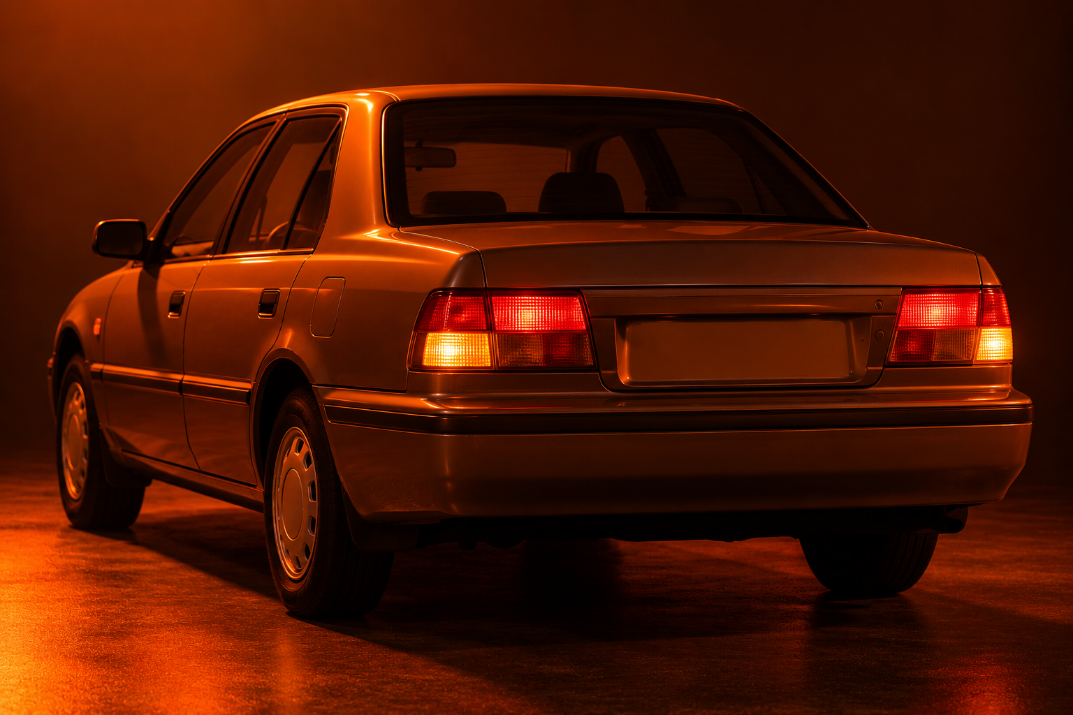 Rear of a 1990s sedan with glowing tail lamps in orange light