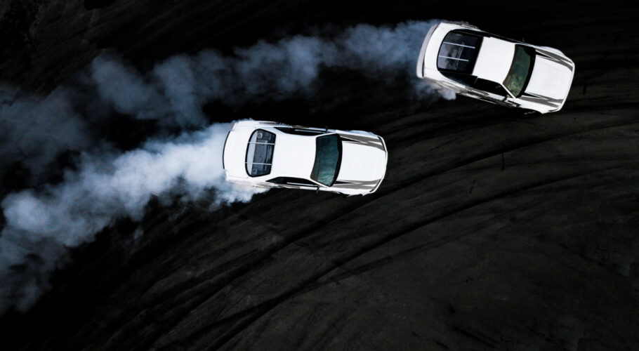 Aerial View Two Cars Drifting Battle Street Car Racing