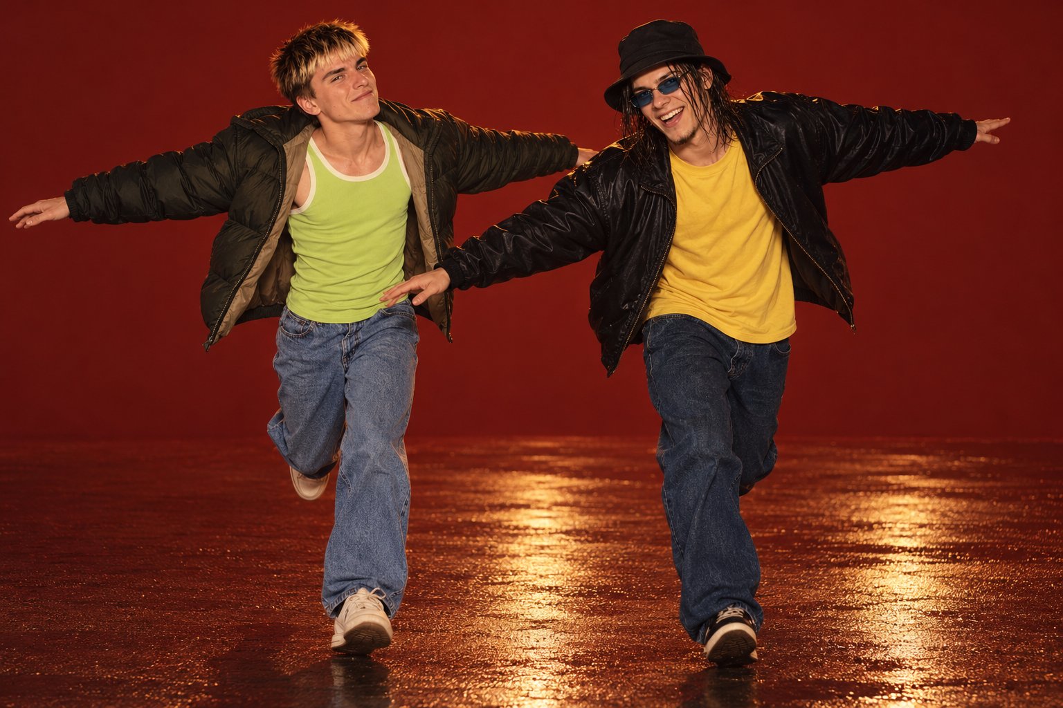Two young men run with arms outstretched like aeroplanes along a wet empty street at night, 1990s Australia.