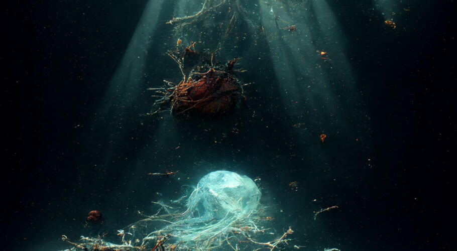 illustration jelly fish shipwreck deep blue sea
