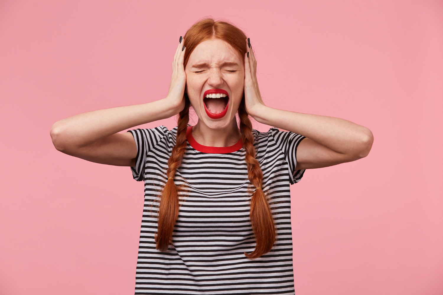 angry young red haired girl gesture ignore demonstrates loud scream shout kathryn