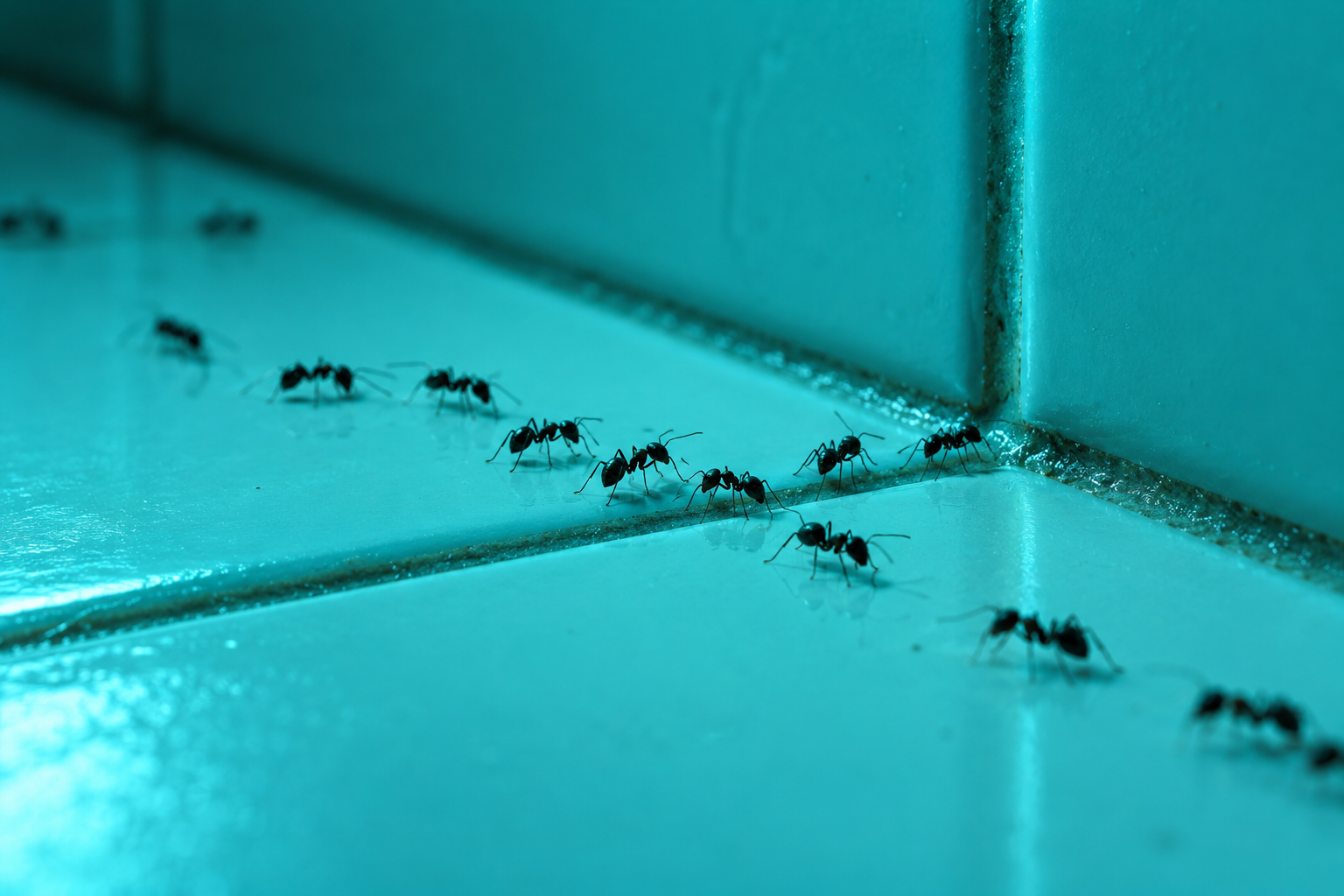 Black ants crossing white bathroom tile