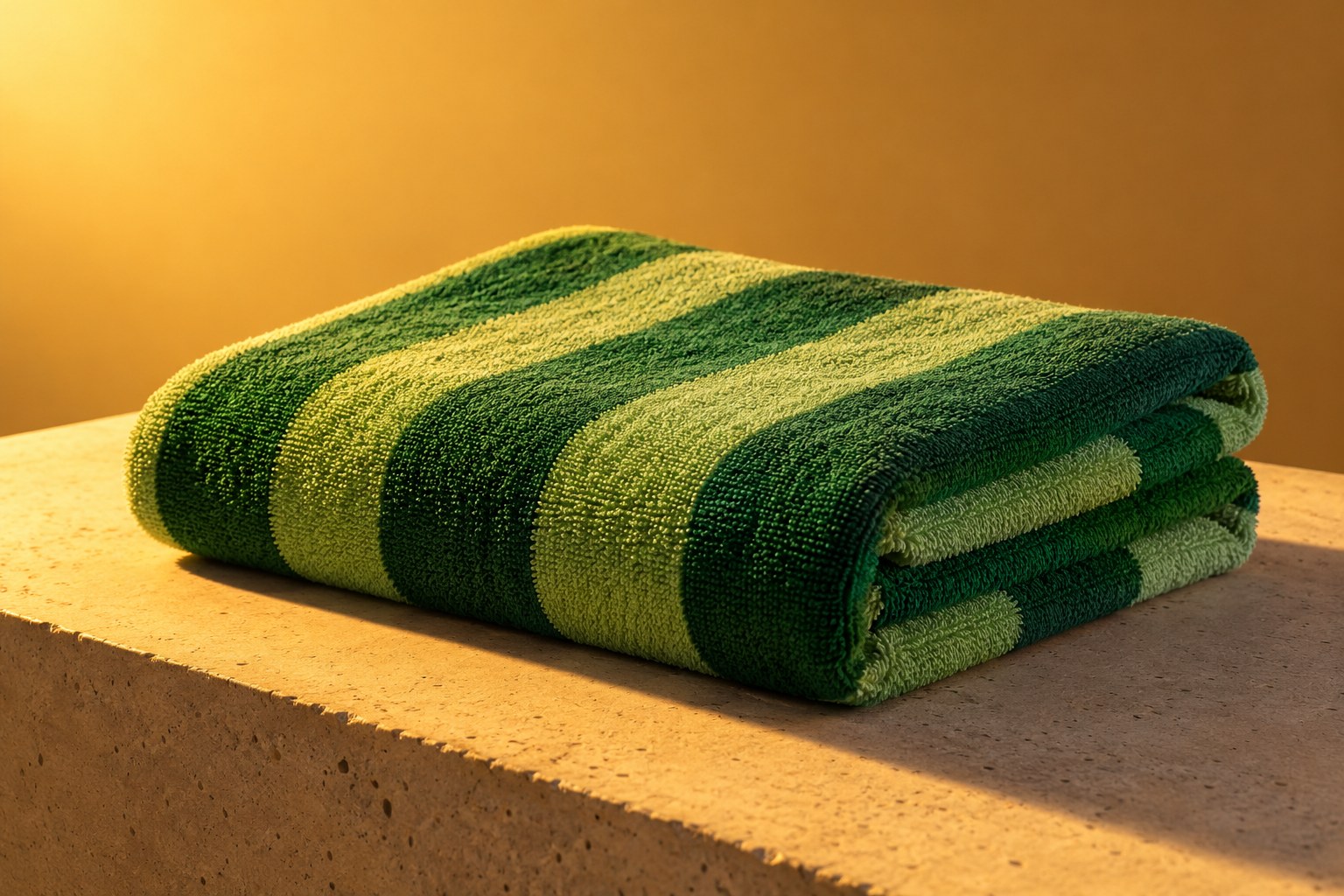 A folded green beach towel lying on a plain concrete surface