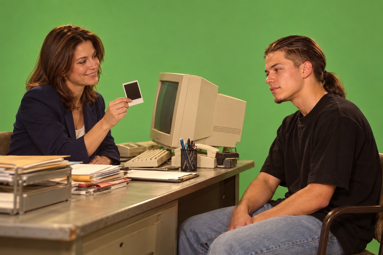 At a shabby temping agency desk with a beige CRT computer, a woman in a navy blazer holds up a Polaroid photo she just took while a long-haired young man sits across from her with a polite curious look in 1990s Australia