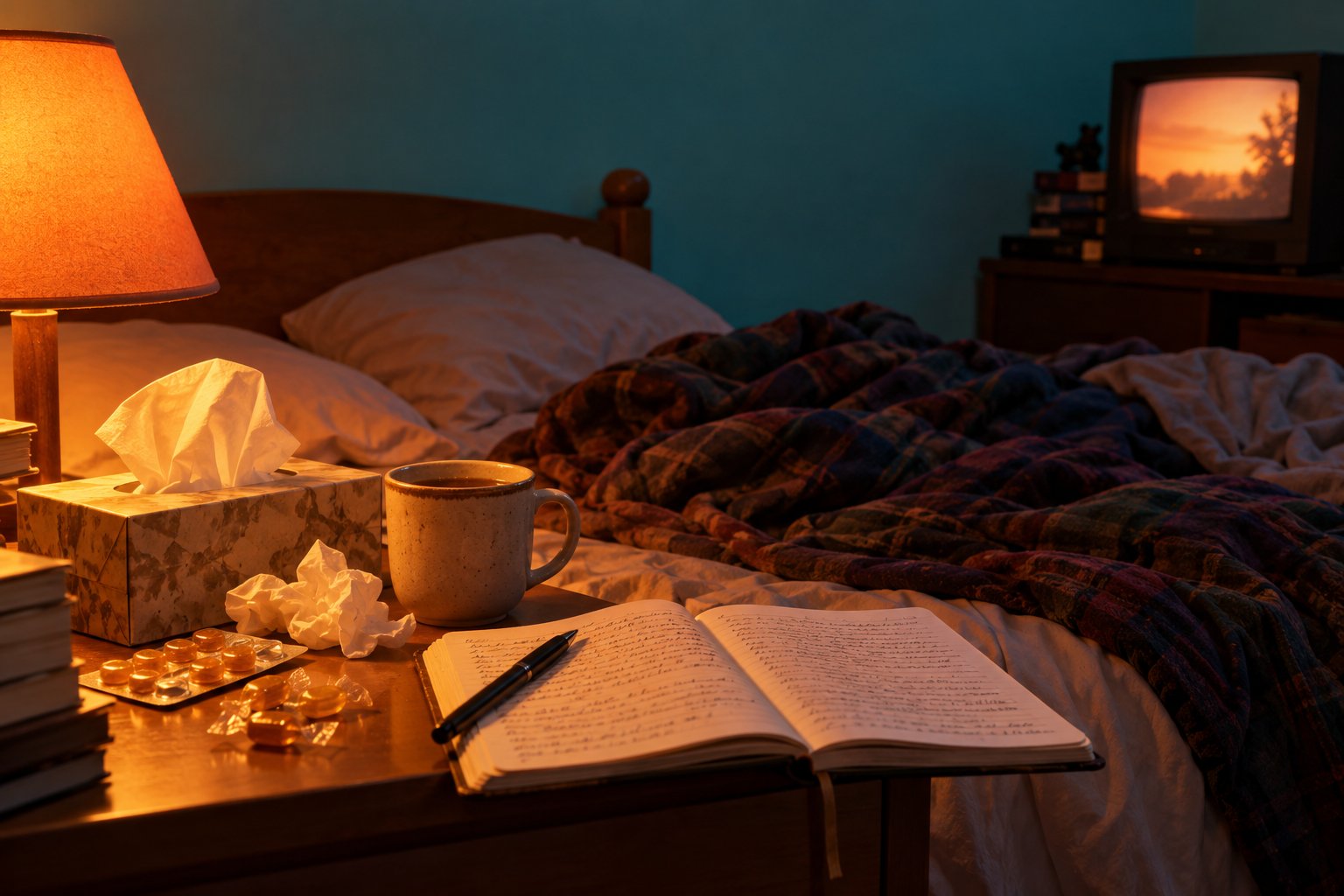 A bedside table with tissues, cough lozenges, tea and an open diary beside a glowing small television, 1990s Australia.