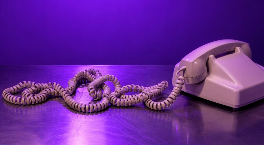 A beige corded telephone with the handset lying off the cradle on a wooden table in violet light