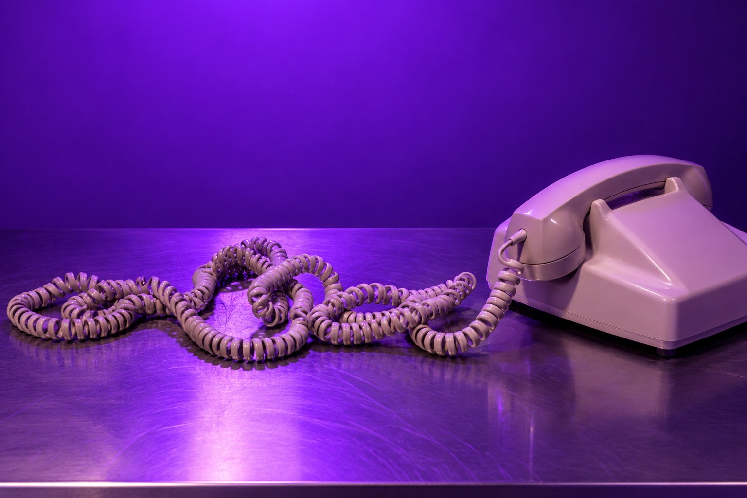 A beige corded telephone with the handset lying off the cradle on a wooden table in violet light