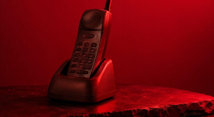A beige 1990s corded wall phone with a coiled cord under red light