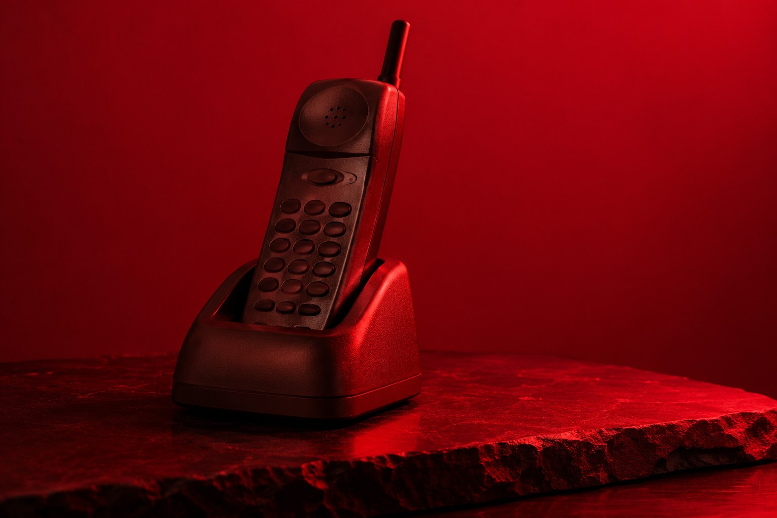 A beige 1990s corded wall phone with a coiled cord under red light