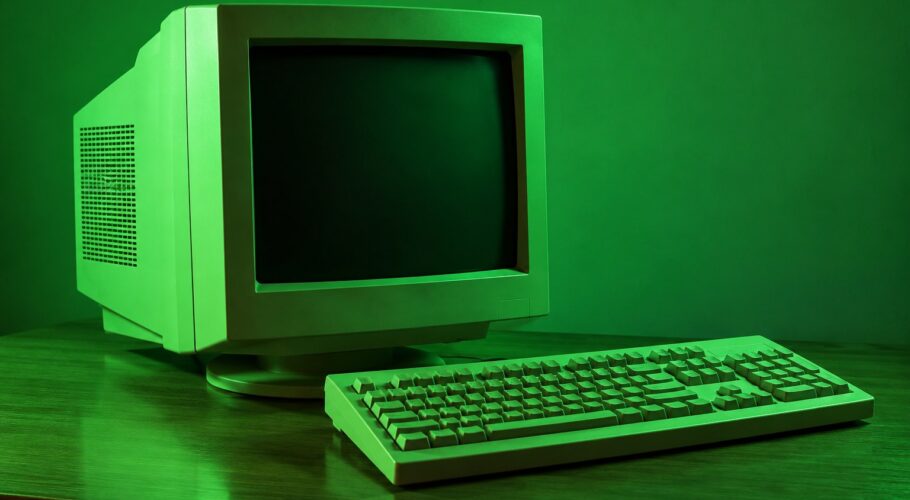 A beige CRT computer monitor and keyboard on a desk in green light