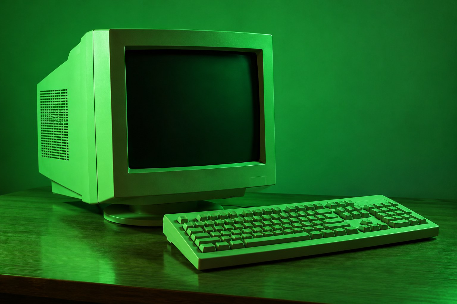 A beige CRT computer monitor and keyboard on a desk in green light