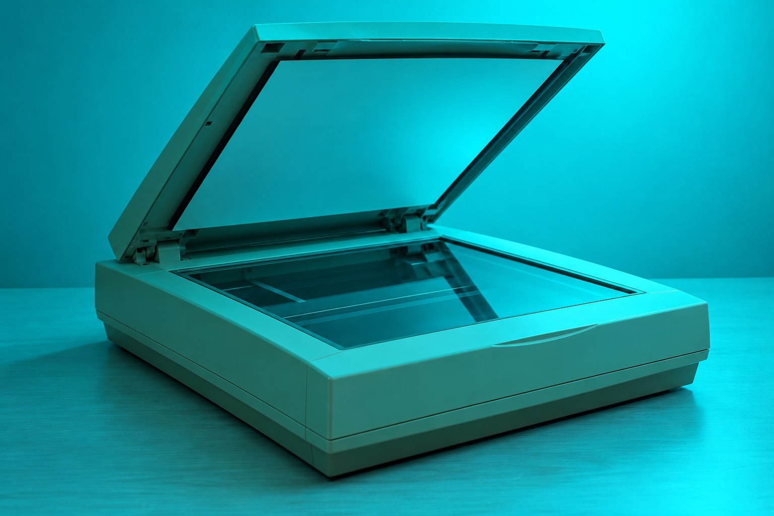 A beige flatbed scanner with its lid open
