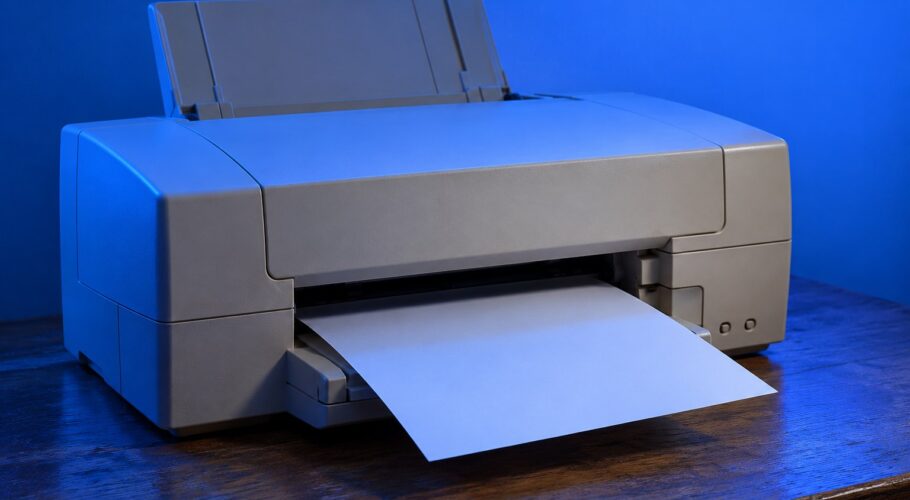 A beige 1990s inkjet printer with a sheet of paper half fed out, sitting on a wooden desk under blue light