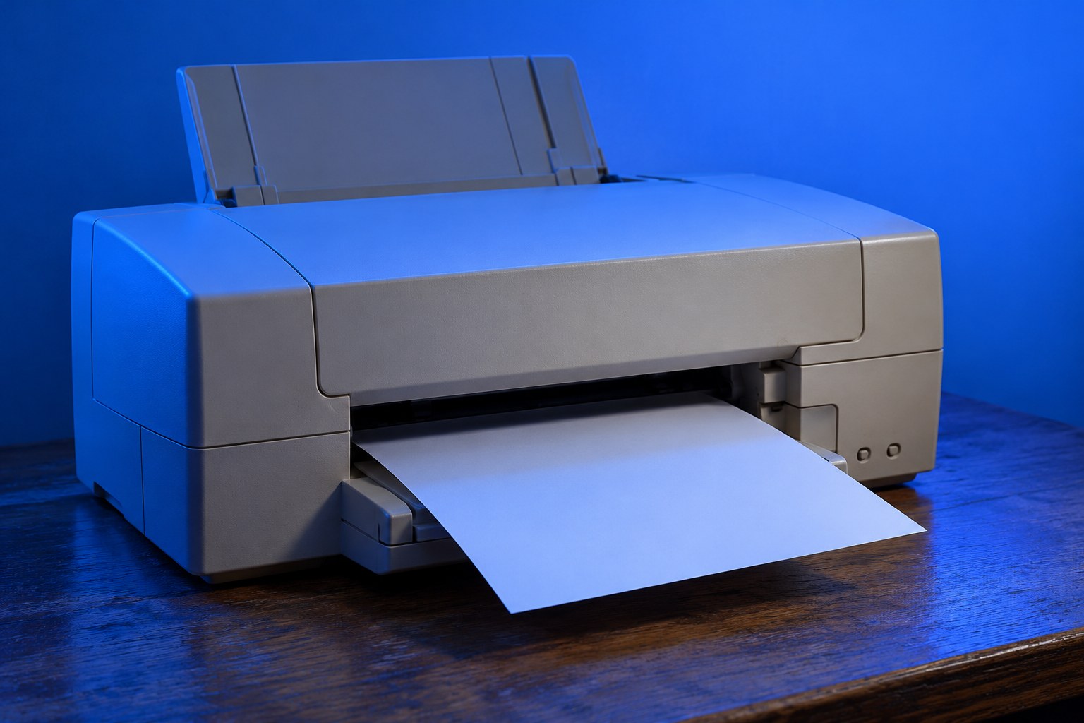 A beige 1990s inkjet printer with a sheet of paper half fed out, sitting on a wooden desk under blue light