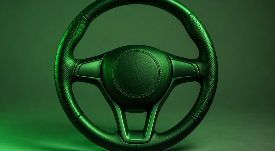 a leather wrapped car steering wheel on a plain grey backdrop photographed in a studio