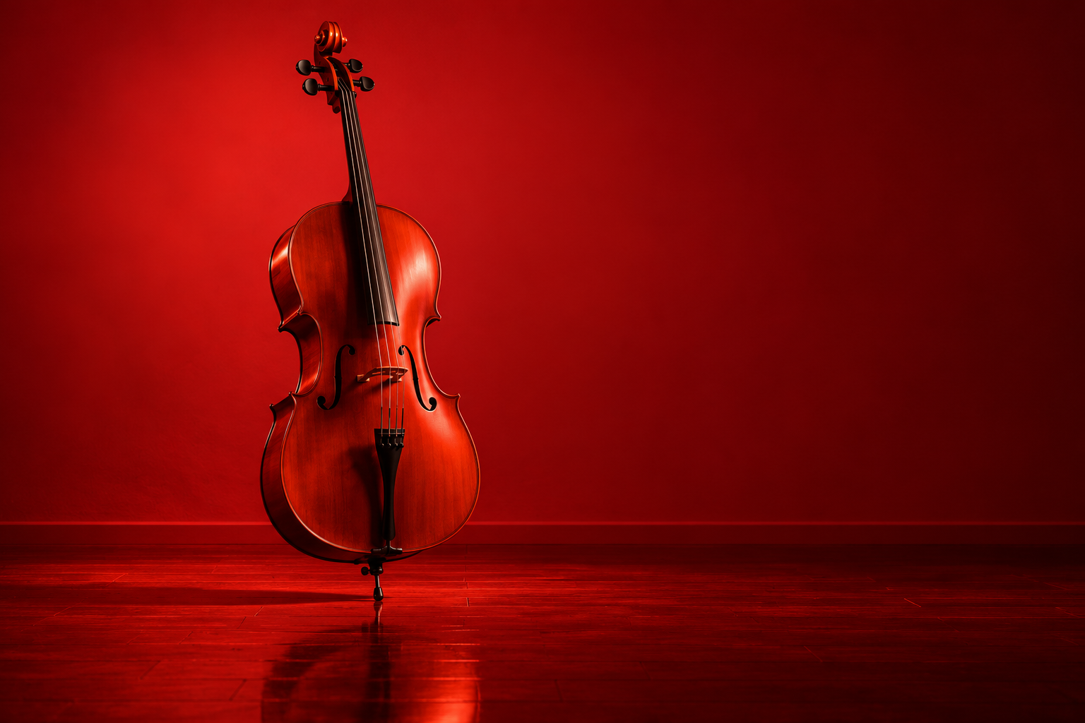 Cello alone on a polished floor against a red wall