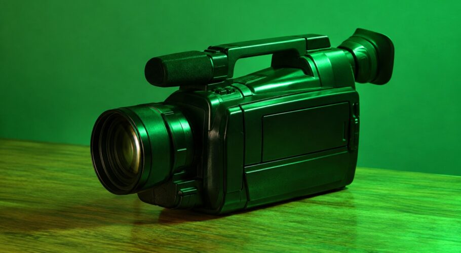 A black 1990s handheld camcorder on a wooden table under green light