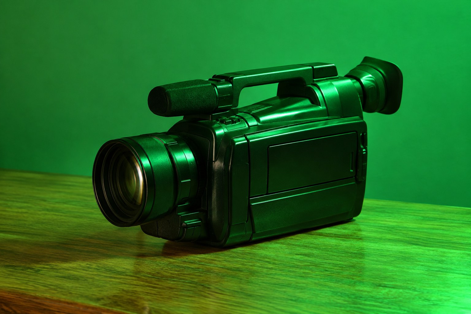 A black 1990s handheld camcorder on a wooden table under green light