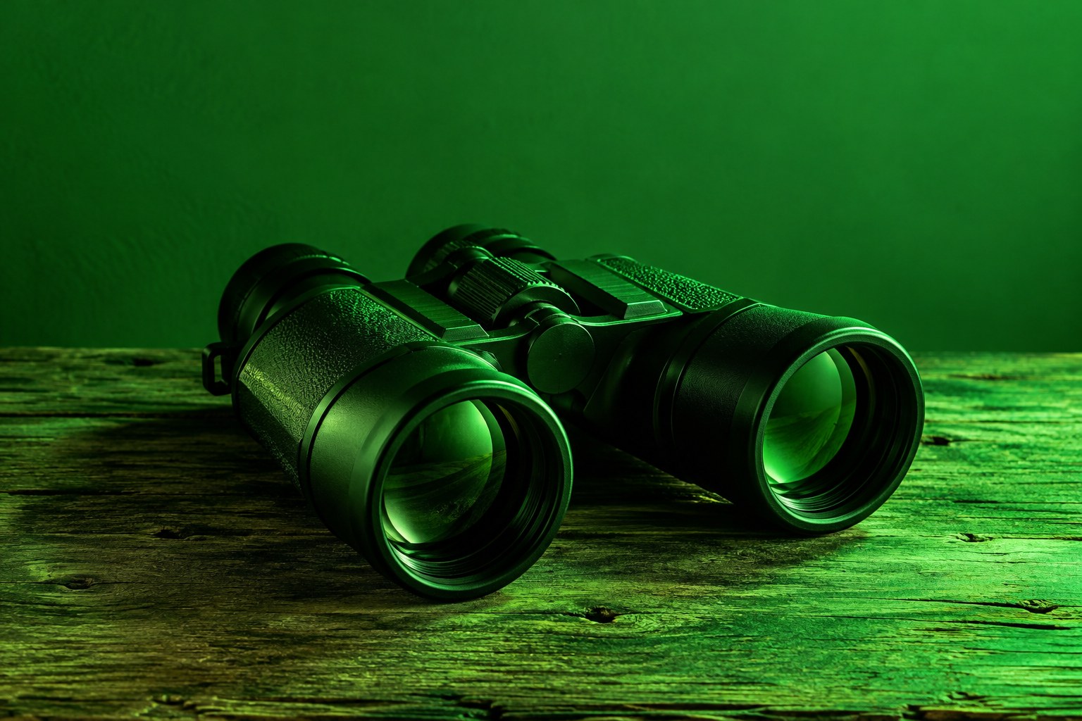 Black plastic binoculars on a wooden table under green light