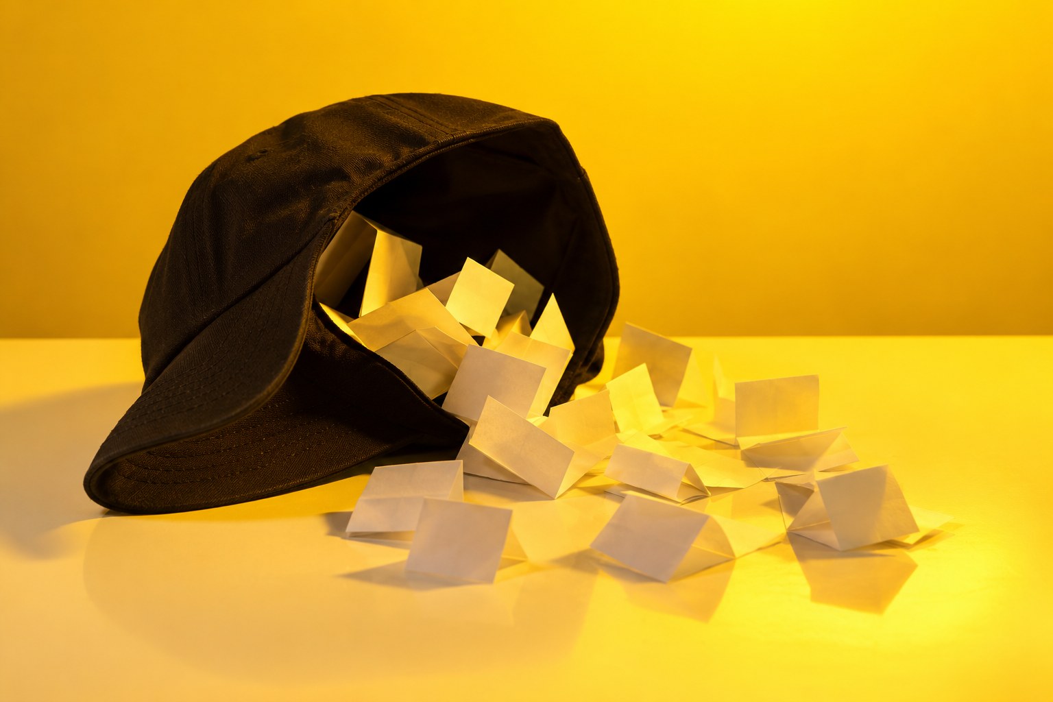 A black cap with folded paper slips spilling out on a white table