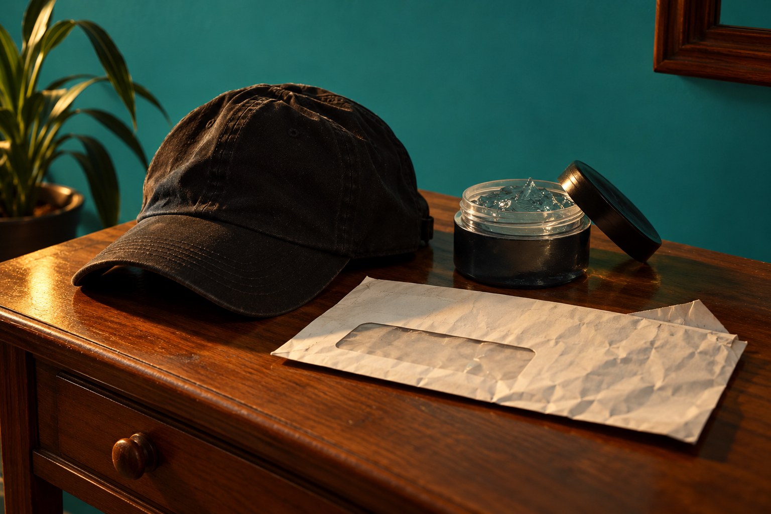 A black baseball cap left on a hallway table beside an open tub of hair gel and a crumpled government letter envelope in 1990s Australia