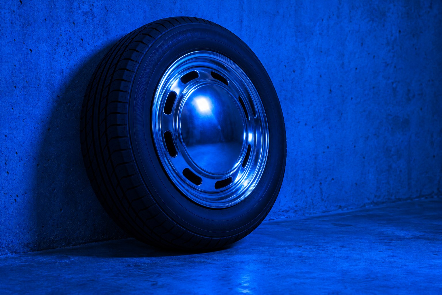 A black car tyre with a chrome hubcap leaning on a concrete wall