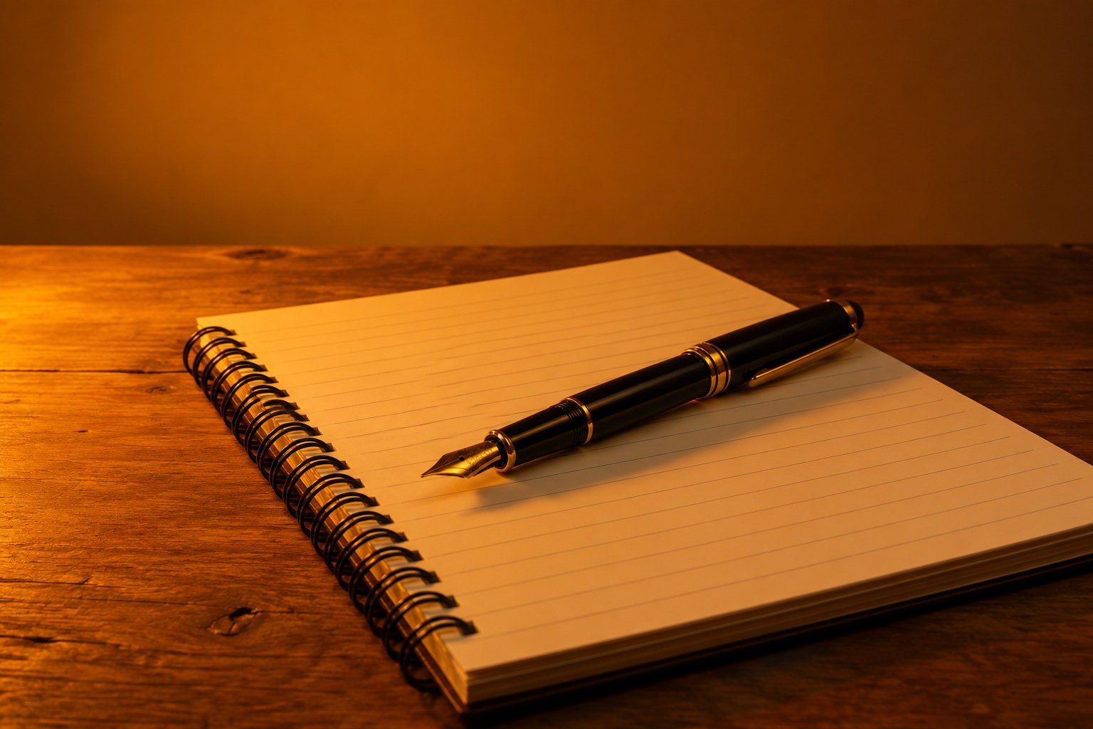 A black fountain pen on a blank lined notebook page