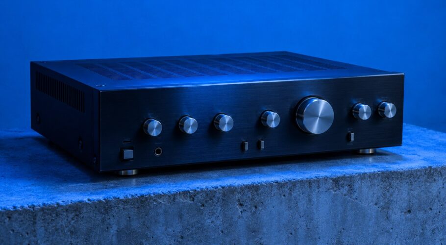 A black stereo amplifier with silver knobs on a concrete step