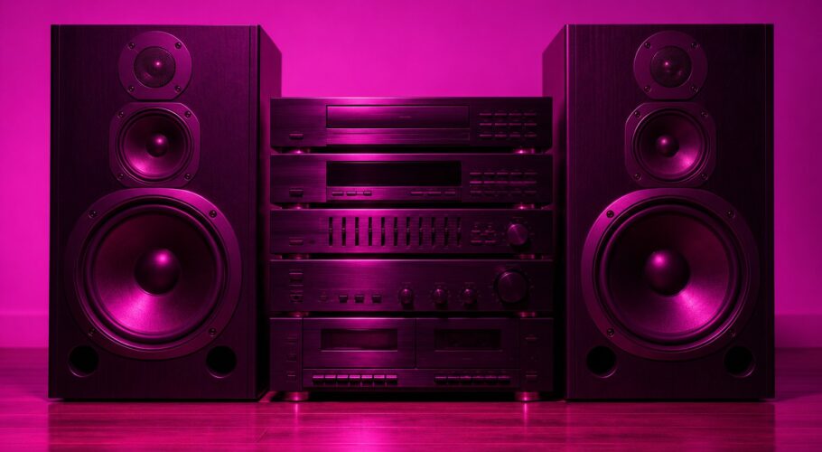 A black 1990s hi-fi stereo system with two large speaker boxes on a wooden floor in magenta light