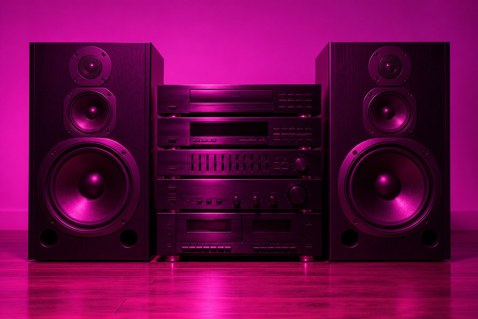 A black 1990s hi-fi stereo system with two large speaker boxes on a wooden floor in magenta light