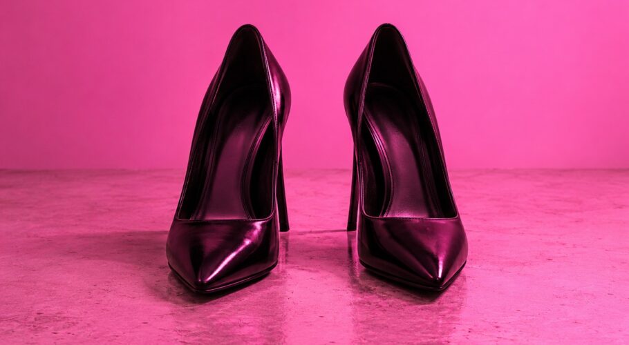 A pair of black high heeled shoes on a pale concrete floor