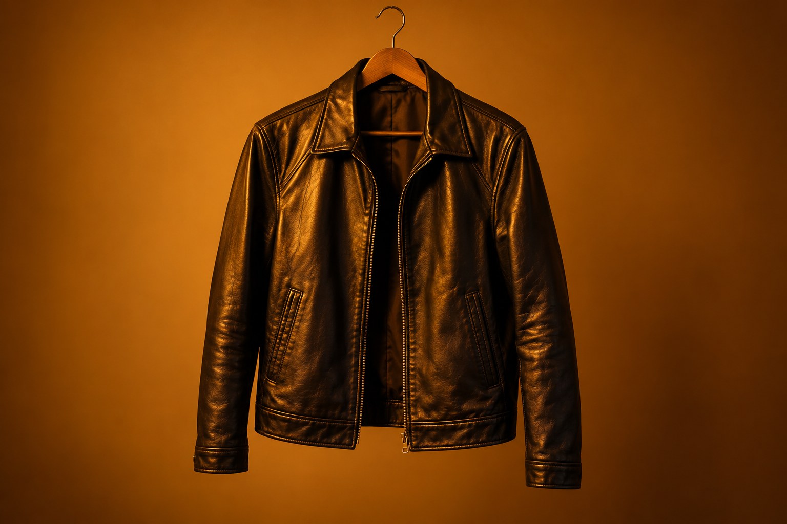 A black leather jacket hanging on a wooden hanger under amber light