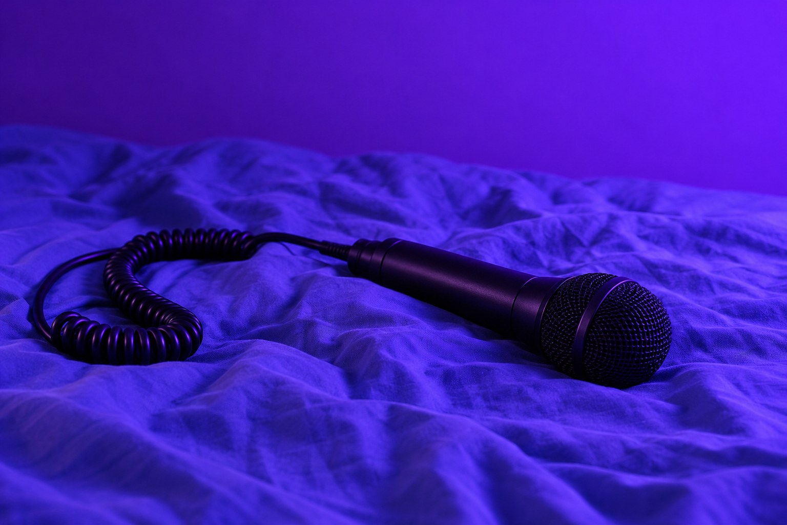 A black handheld microphone with a coiled cord on a blue sheet in violet light