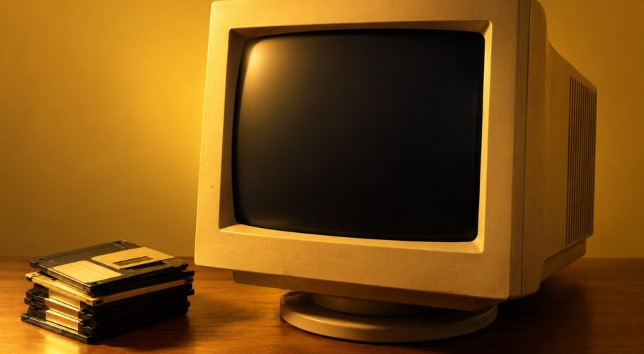 A beige 1990s CRT monitor with a black screen and floppy disks beside it