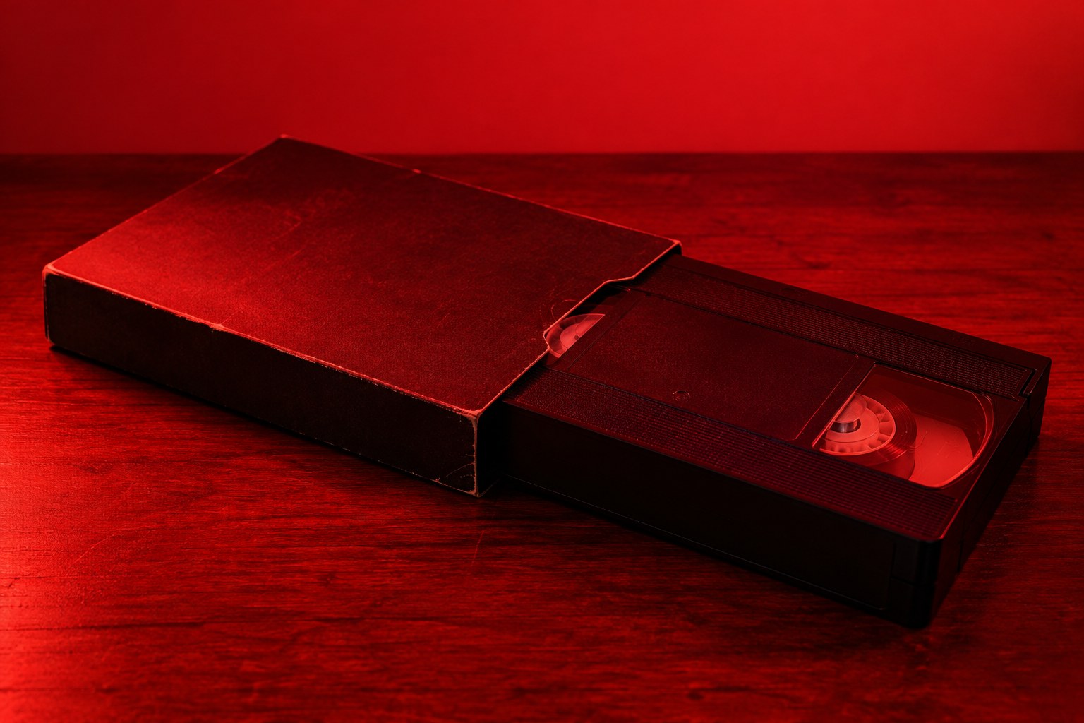 A black VHS cassette tape in a sleeve on a wooden table in red light