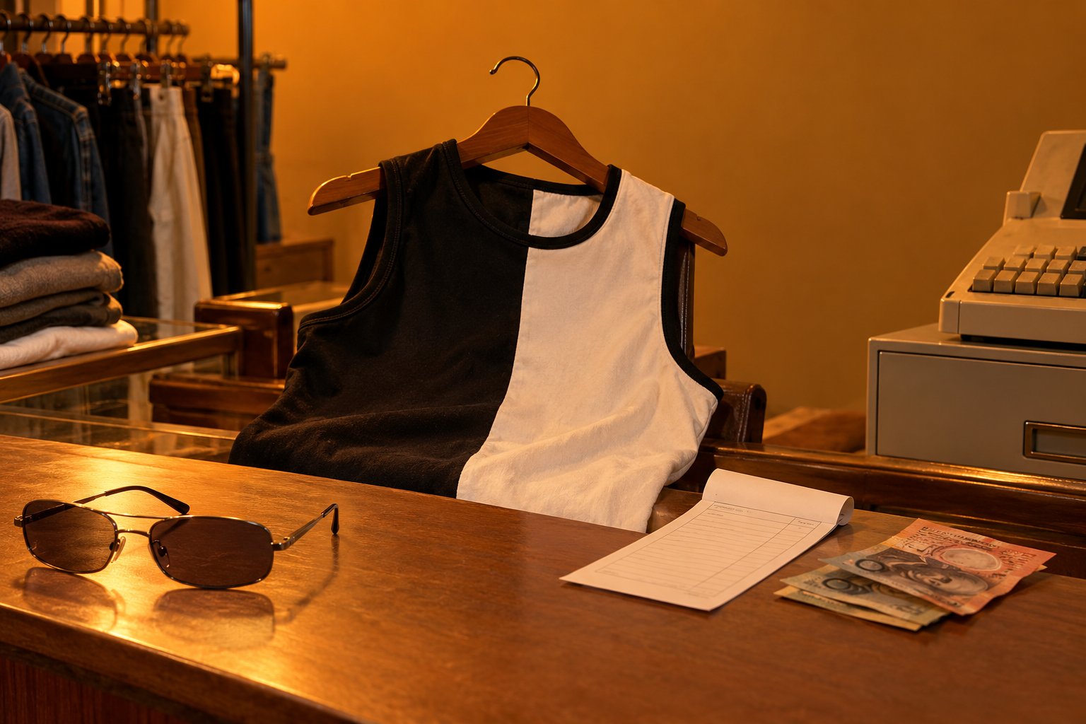 A black and white vest on a hanger with a receipt, banknotes and tinted glasses on a clothing shop counter in 1990s Australia.