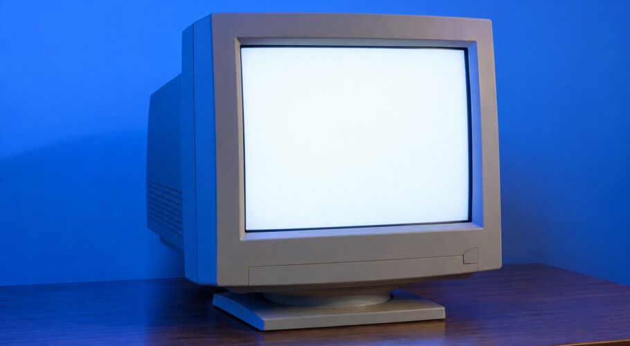 A beige CRT computer monitor glowing with a blank page on a wooden desk in blue light