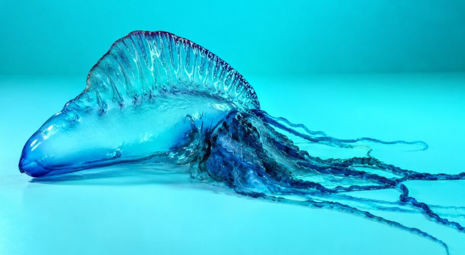 A translucent blue bluebottle jellyfish with trailing tentacles on a white surface under cyan light