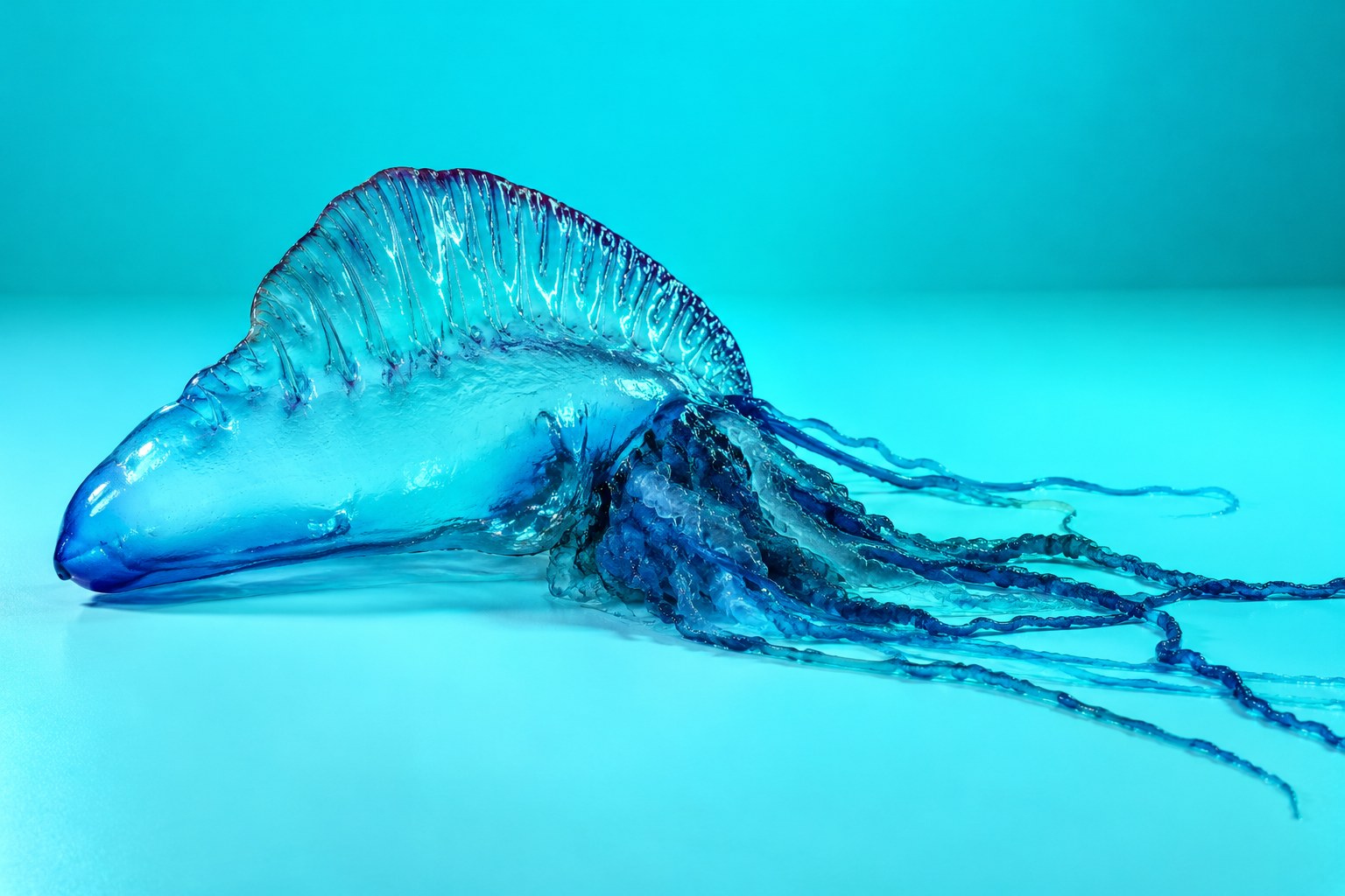 A translucent blue bluebottle jellyfish with trailing tentacles on a white surface under cyan light