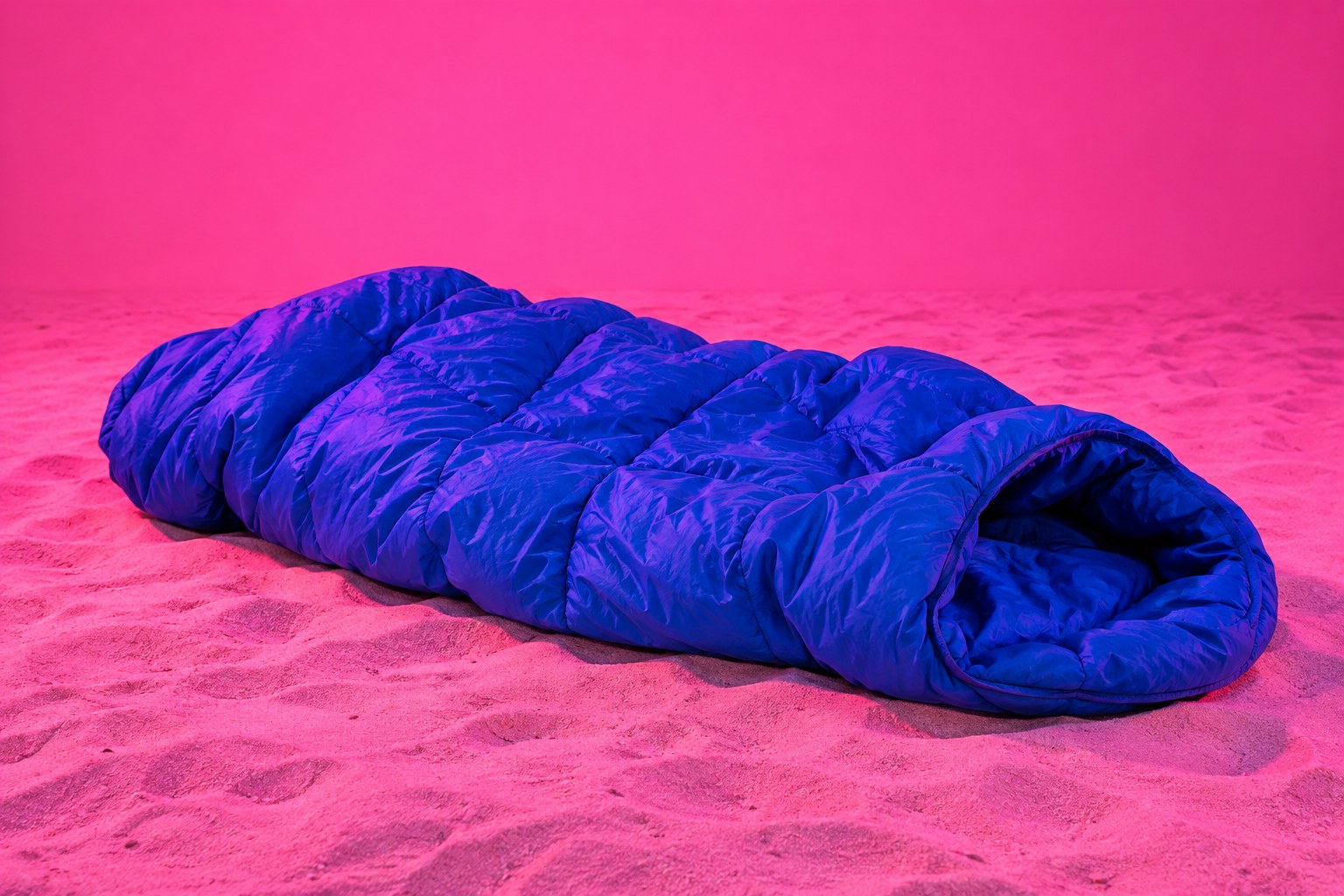 A crumpled bright blue sleeping bag lying on pale sand under pink light