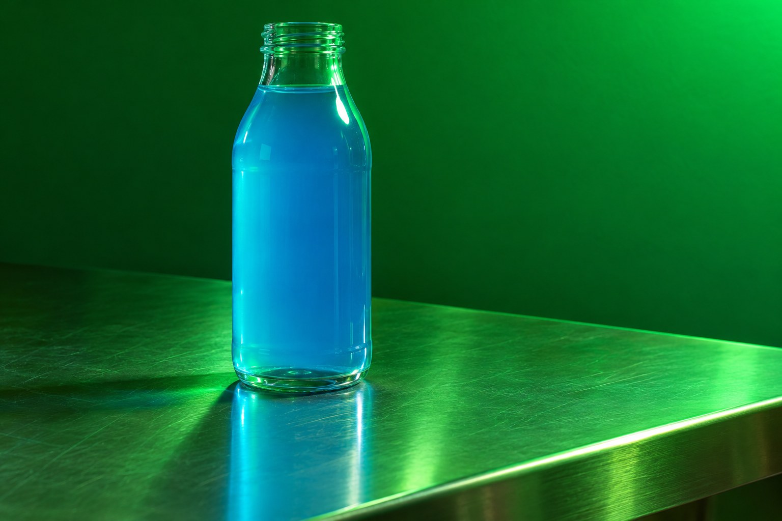 A plain glass bottle of blue sports drink on a steel counter
