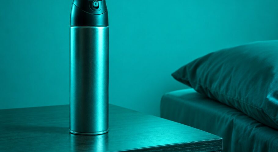Plain aerosol body spray can on a bedside table