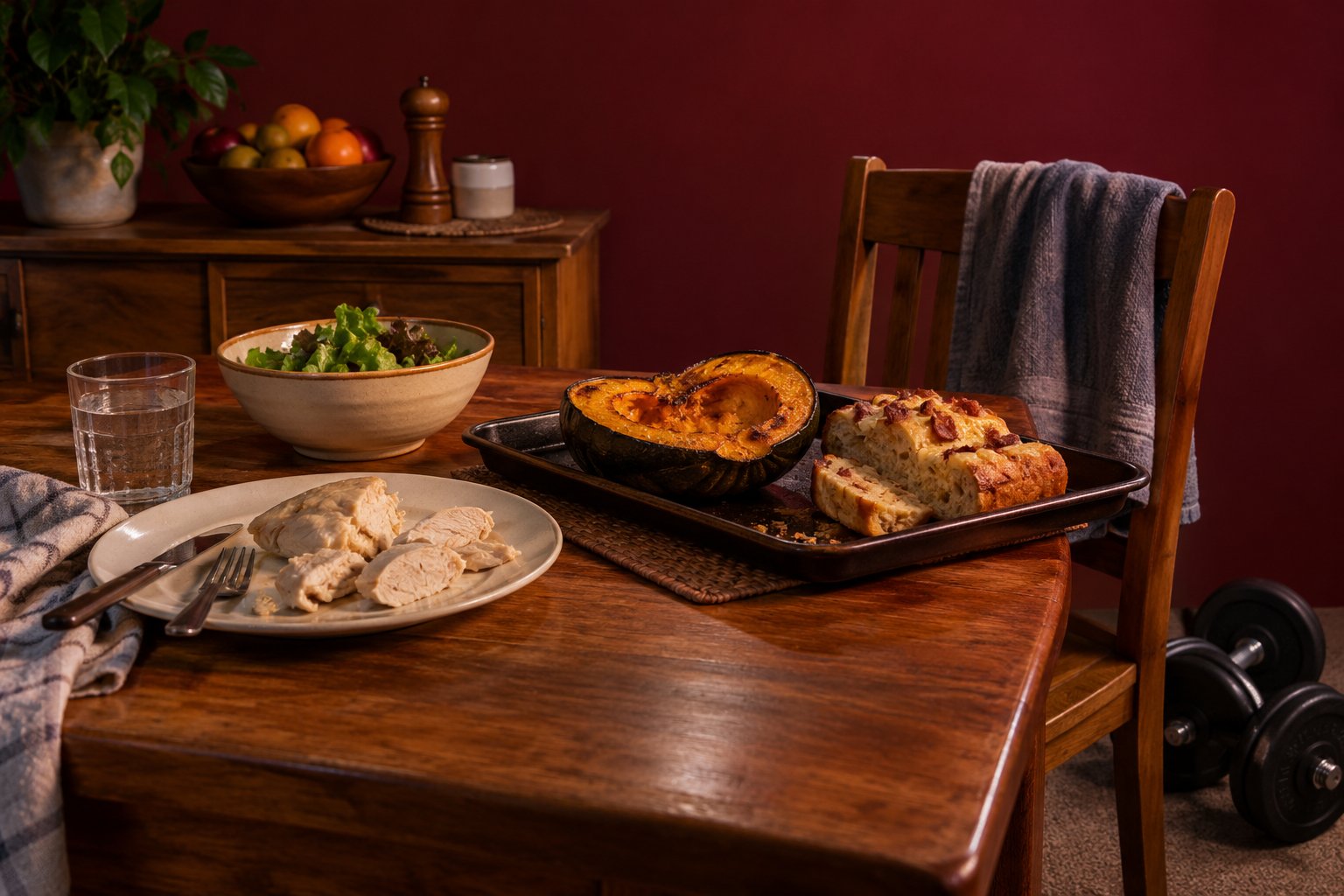 A kitchen table with boiled chicken pushed aside, baked pumpkin, cheesy bread and dumbbells nearby, 1990s Australia.