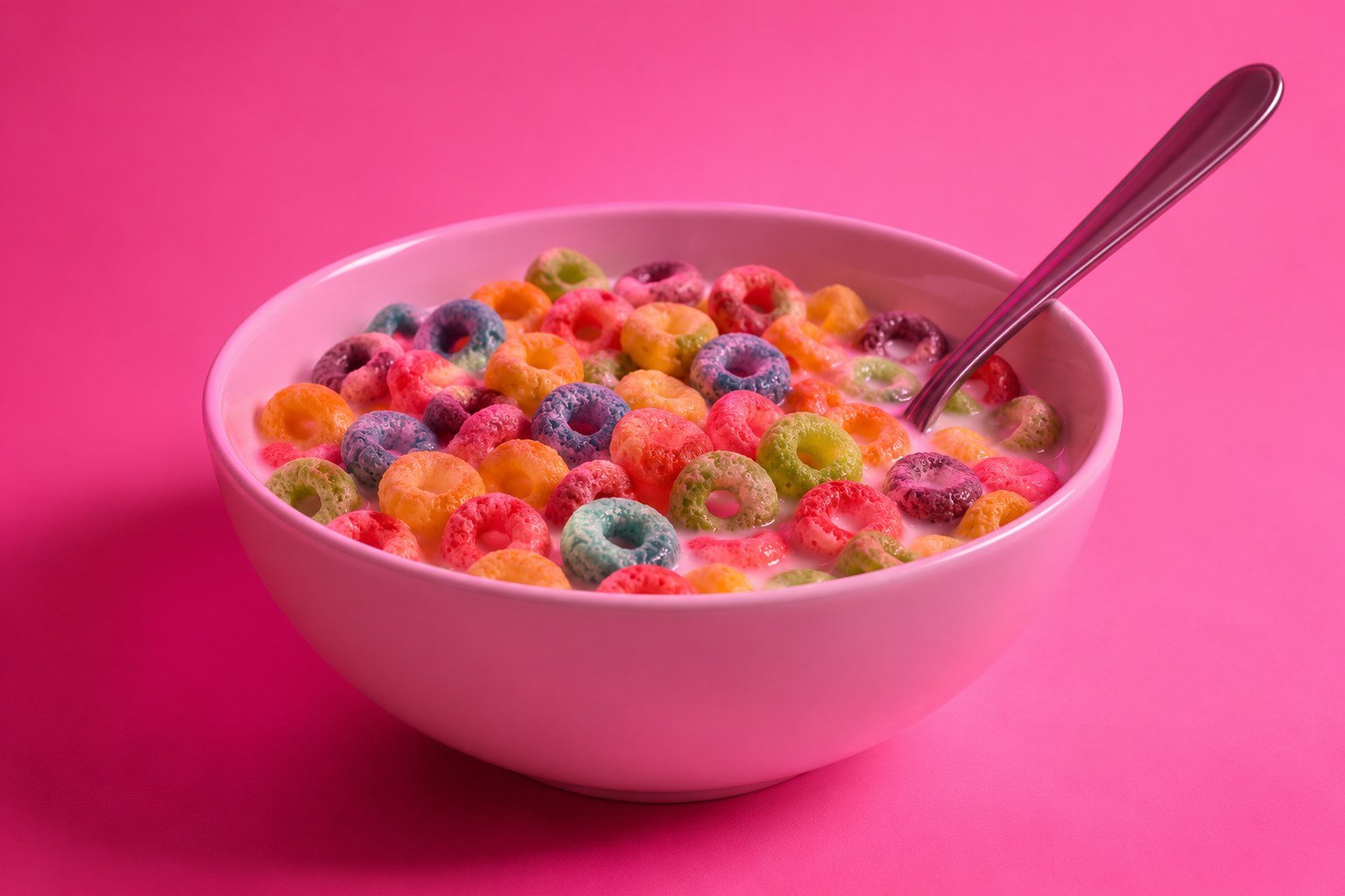 A bowl of colourful ring cereal in milk with a spoon