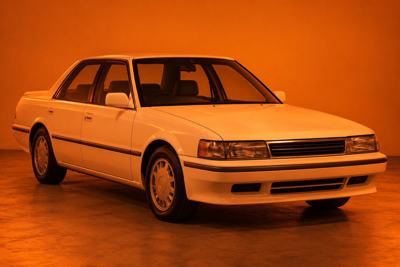 A boxy white 1990s sedan parked on a studio floor in orange light