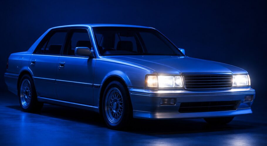 A boxy 1990s Japanese sedan seen from the front with headlights glowing in blue light