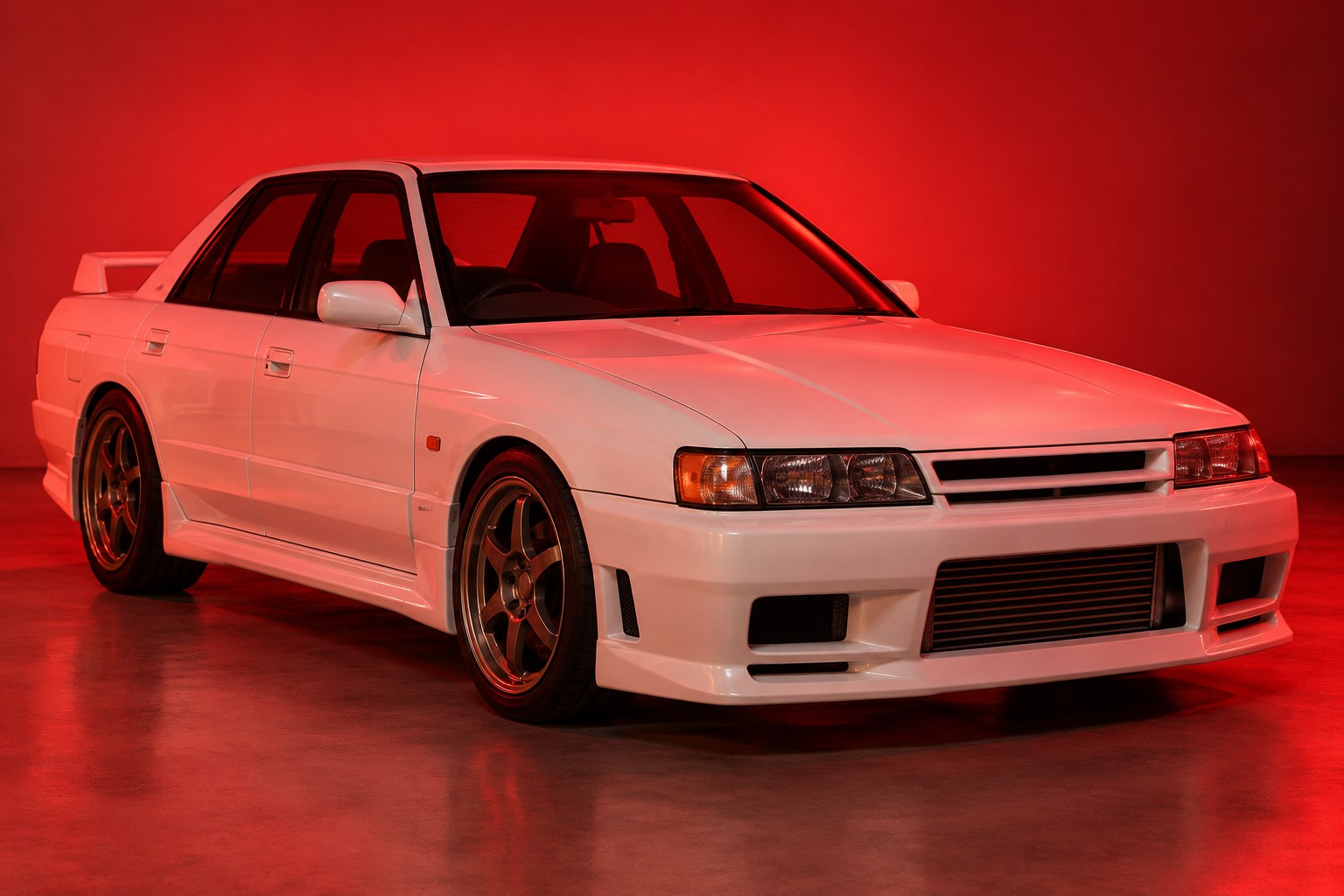 A boxy white 1990s Japanese sedan parked in a studio under red light